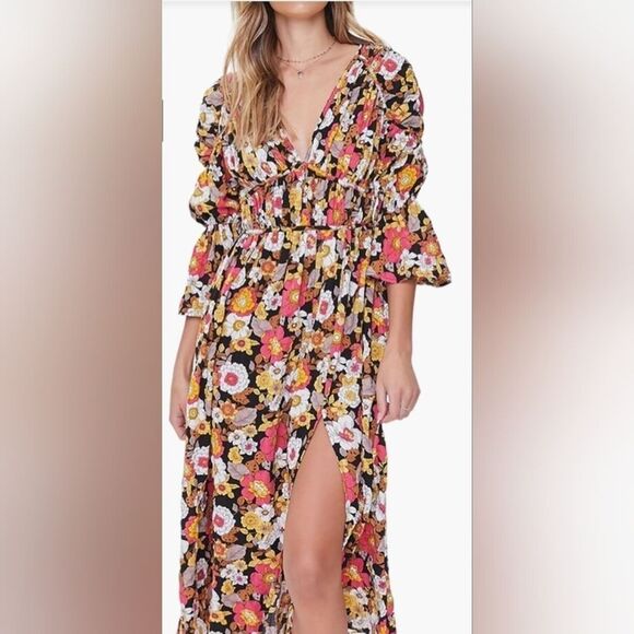 Forever 21 Dress Mid-Maxi Woven Allover Floral Bell Sleeves V-Neckline - Picture 1 of 16